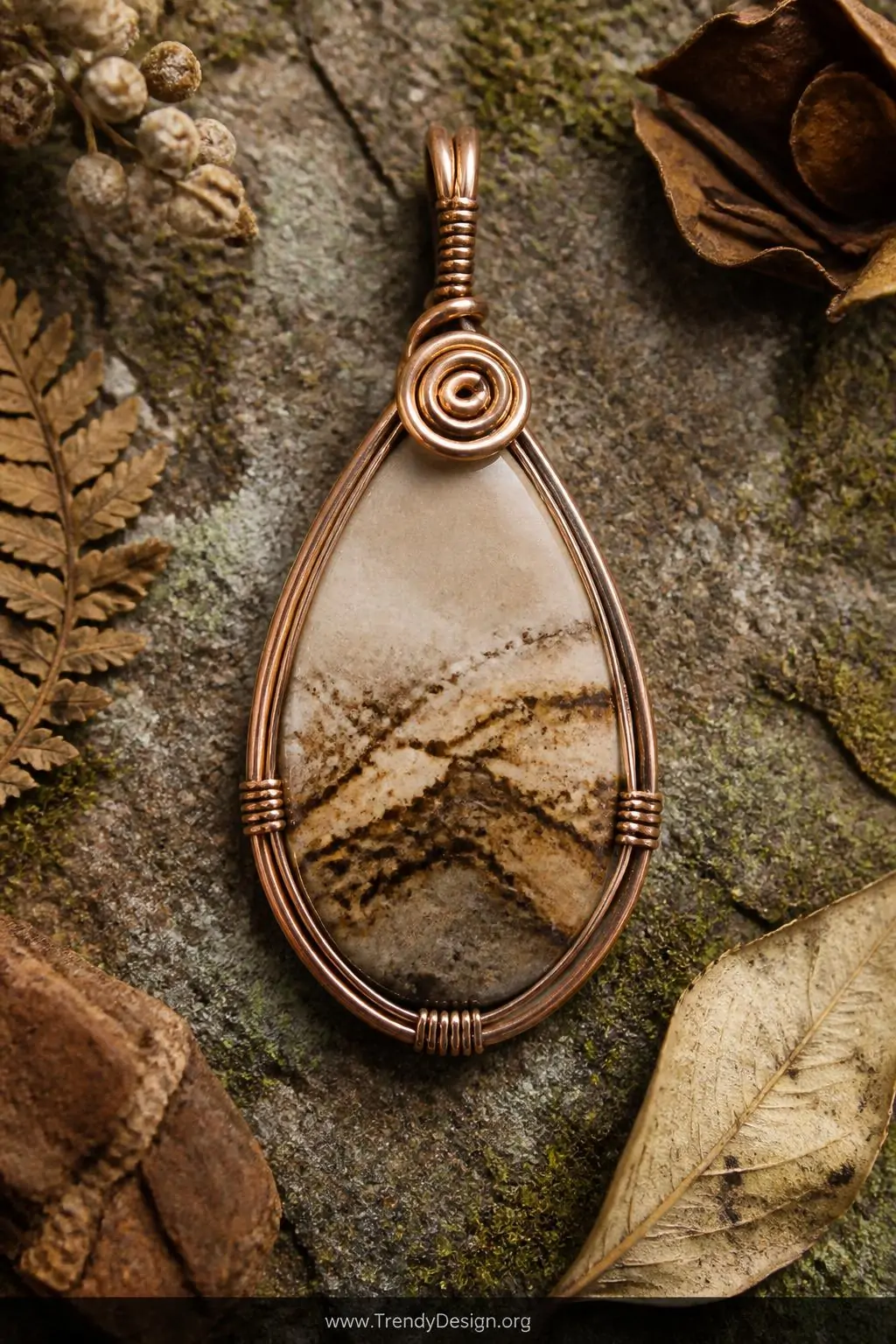 Teardrop picture jasper pendant in a spiral copper wire frame displayed flat on a mossy stone surface beside dried botanicals, earthy natural lighting, closeup framing the landscape-like patterning inside the minimal wire wrap