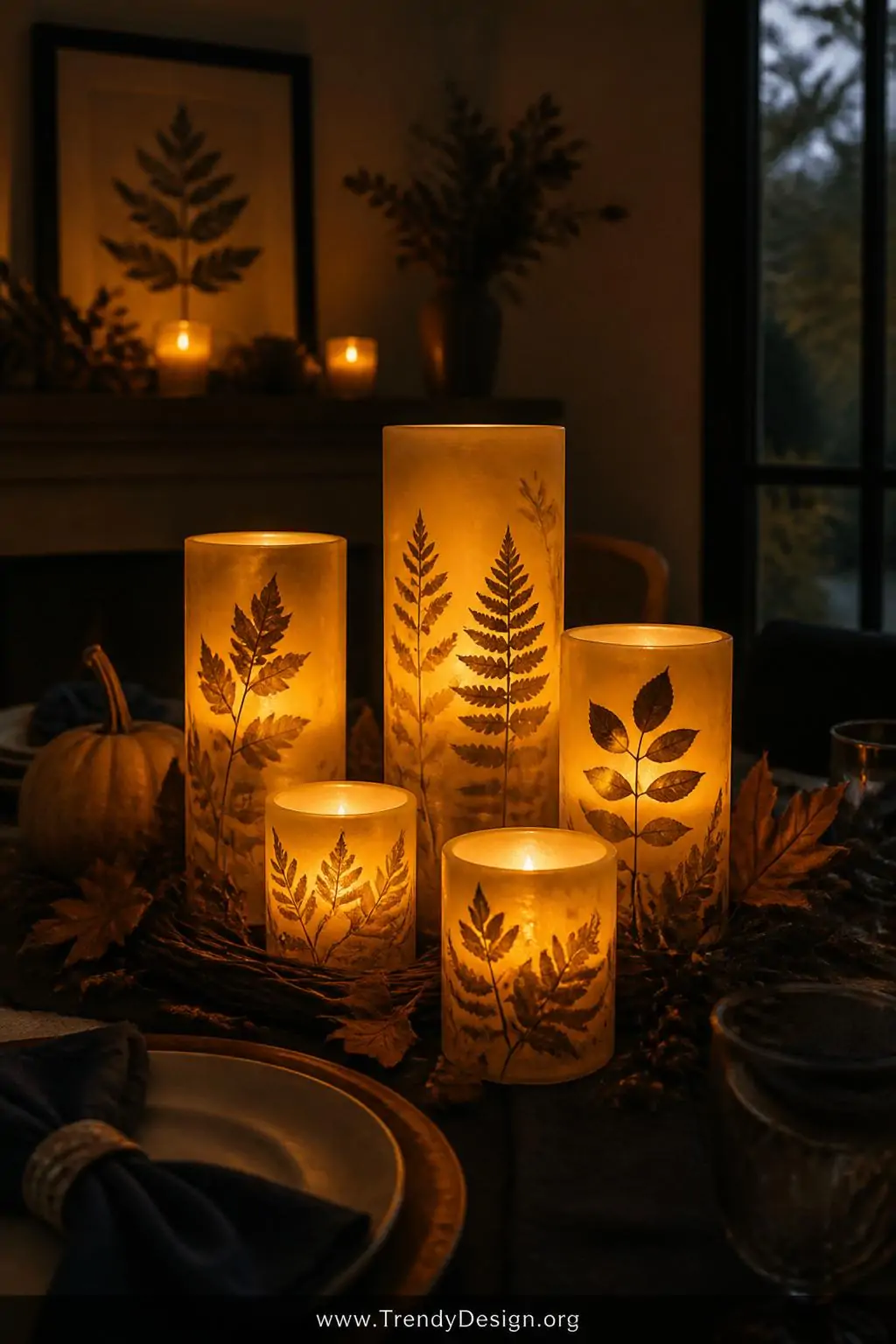 Cluster of beeswax pillar candle holders in varying heights with pressed leaf silhouettes embedded into the golden wax surface, arranged as a centerpiece on a dark linen Thanksgiving table with flickering candlelight and deep amber tones, medium shot with dramatic warm shadow play.