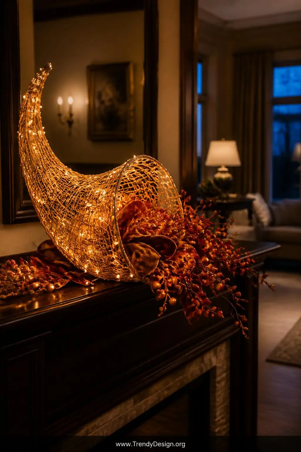 Wire frame cornucopia woven with warm amber fairy lights and velvet ribbon glowing softly on a dark wood mantel with faux berry sprigs, cozy dimly lit living room evening ambiance, wide shot, photorealistic interior design