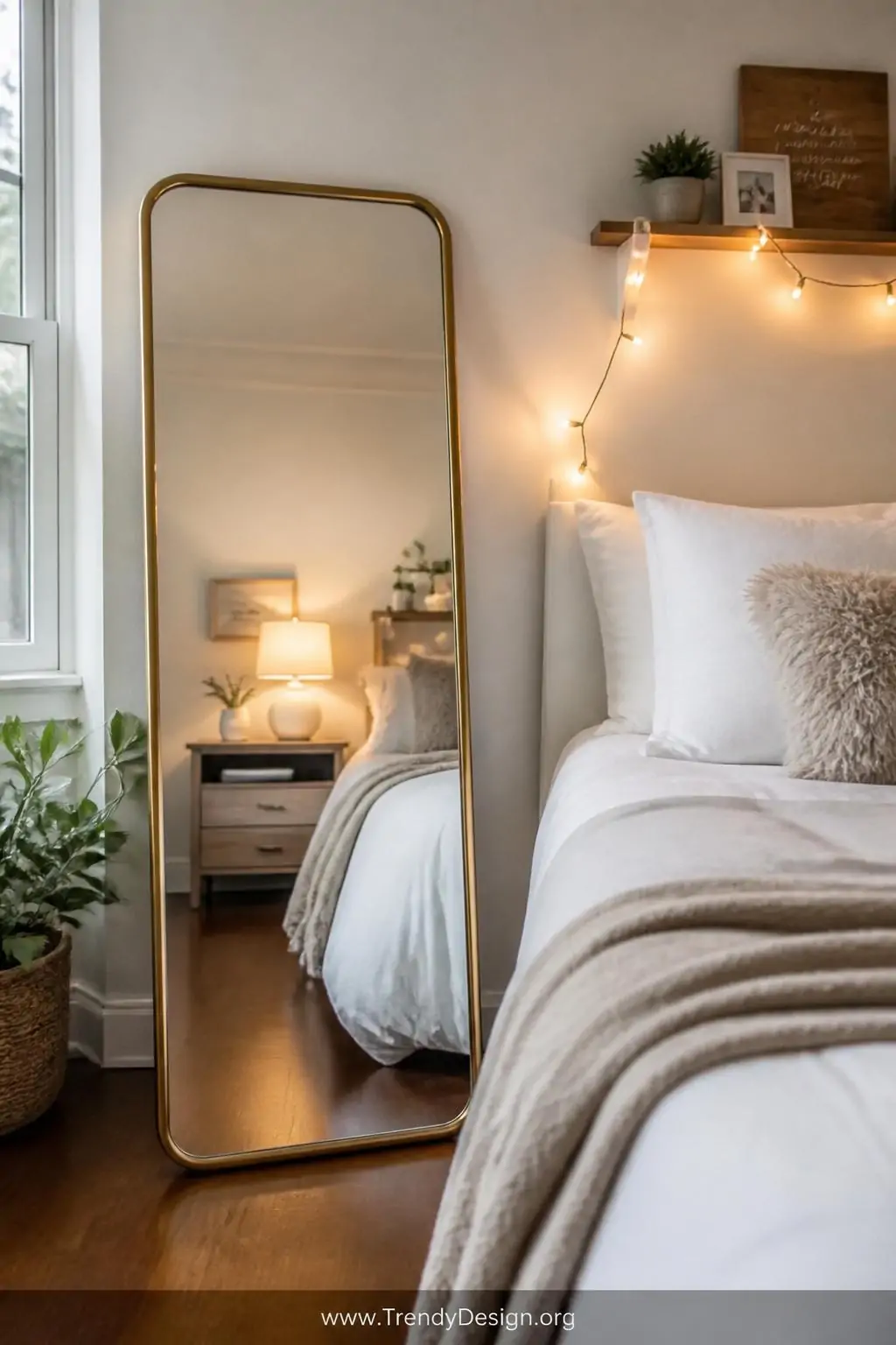 Tall gold-framed full-length leaning mirror beside a guest bed reflecting soft layered room lighting including a glowing bedside lamp and warm string lights draped along a wooden shelf, bright and airy guest room, medium shot, photorealistic interior design.