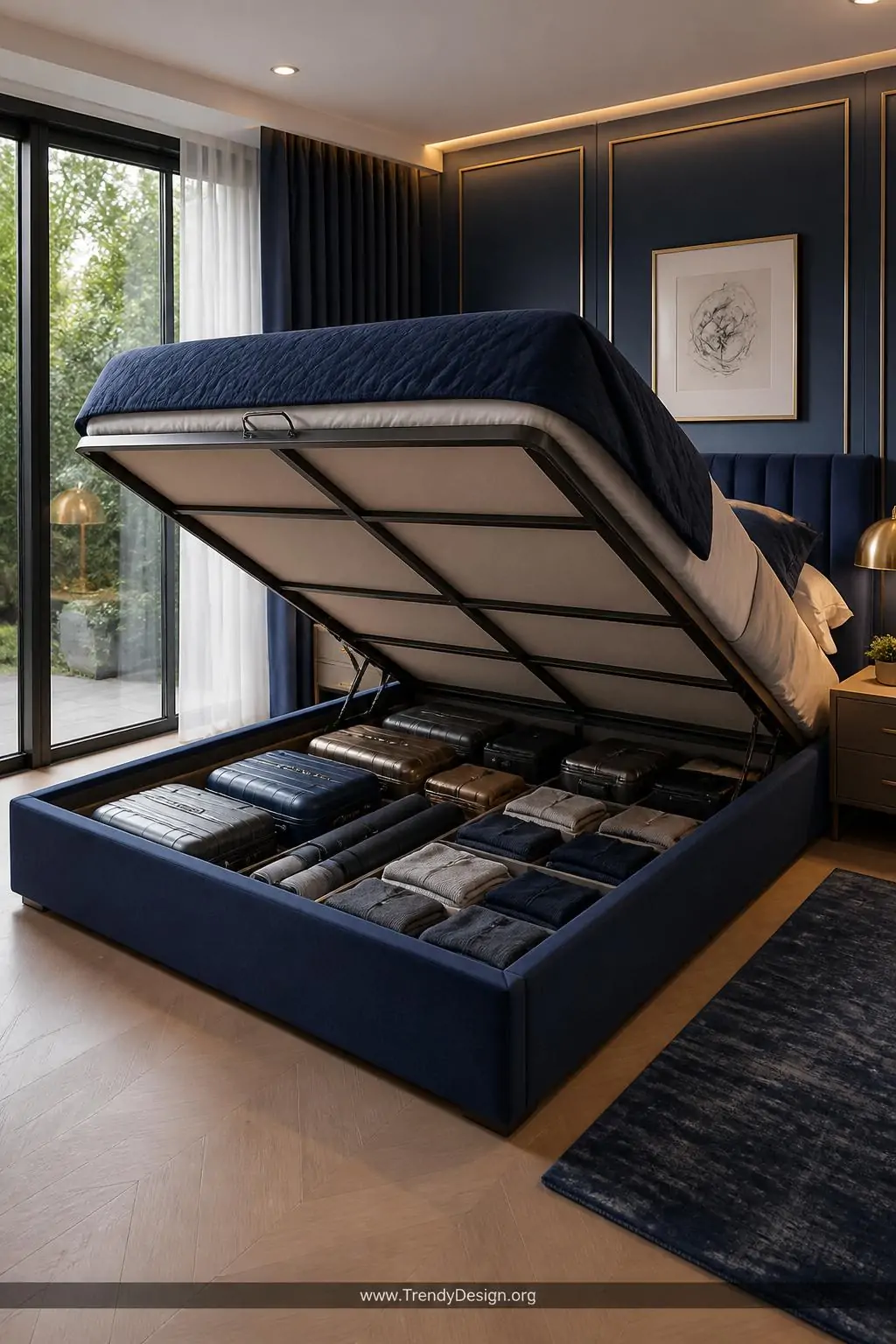 Ottoman storage bed with hydraulic lift mechanism holding mattress fully raised, wide shot revealing a cavernous interior holding neatly arranged suitcases, folded seasonal clothing, and rolled yoga mats, dramatic overhead light illuminating the organized interior, sleek contemporary bedroom in deep navy and brass tones.