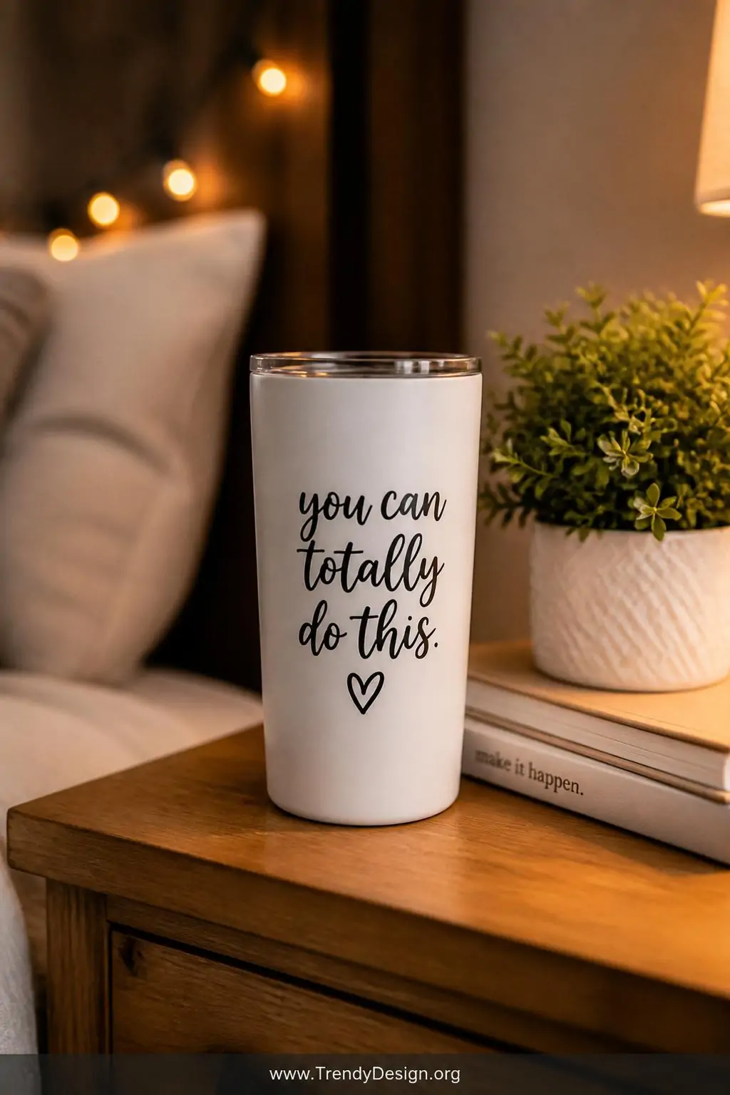 White tumbler with elegant black paint pen hand-lettered motivational quote on a cozy bedroom nightstand, soft fairy lights glowing in the background, warm amber light, closeup shot