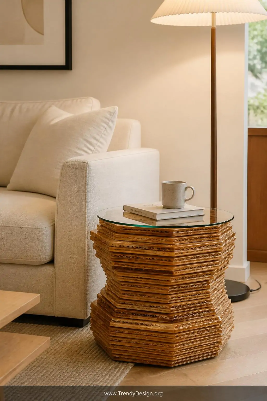 Layered cardboard side table with stacked hexagonal form sealed in glossy amber polyurethane varnish topped with a round glass panel, styled next to a cream linen sofa with a ceramic mug and small hardcover book resting on top, warm floor lamp light, medium shot in a minimalist Scandinavian living room, photorealistic interior design
