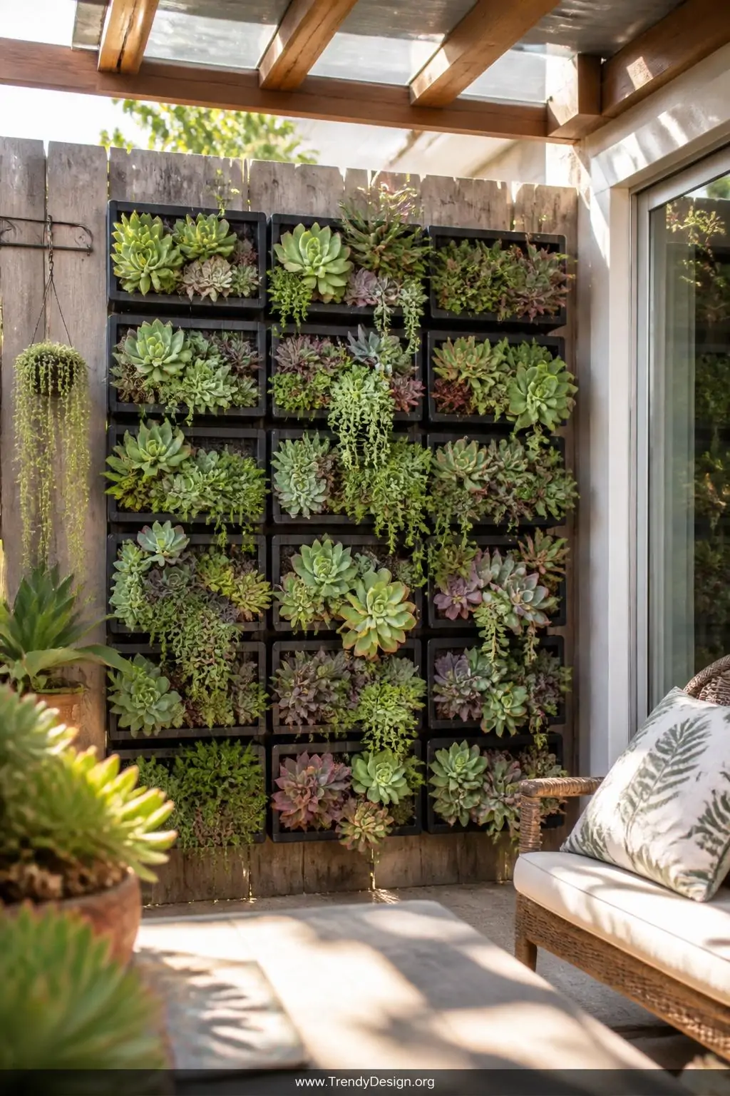 Lush vertical succulent wall display made from plastic bread trays mounted on a weathered wood fence, plump green and purple succulents spilling through every grid opening, dappled golden afternoon sunlight on a covered patio, wide shot.