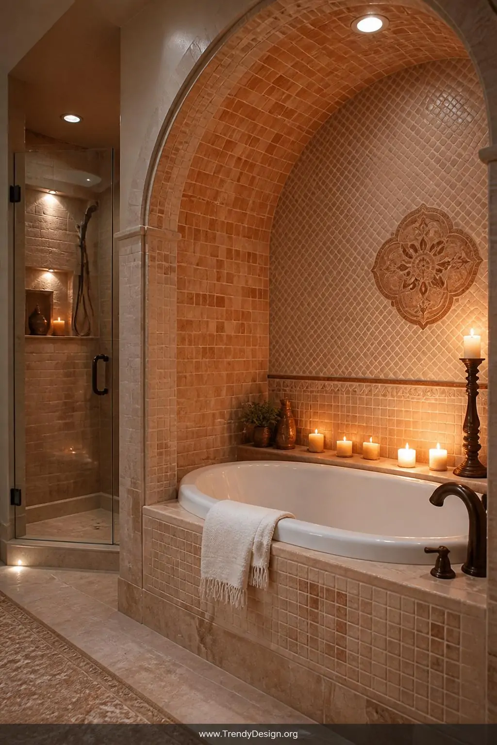 Built-in soaking tub nestled inside a deep arched tile alcove in a spa-inspired master bathroom, Mediterranean luxury style, surrounding walls clad in warm terracotta and cream mosaic tile with a narrow candle ledge at the rim, a steam shower enclosure glowing with soft recessed dimmable lighting visible in the background, closeup of the tub nook highlighting the carved-in ledge holding lit candles and a folded white linen towel.