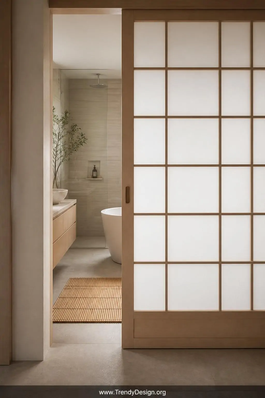 Shoji-inspired sliding screen door with natural blonde wood grid frame and translucent frosted acrylic panels at a serene minimalist bathroom entrance, medium shot, soft diffused natural light filtering through panels, bamboo accent mat visible on stone tile floor, neutral warm palette of sand and ivory, zen spa atmosphere, photorealistic interior design.
