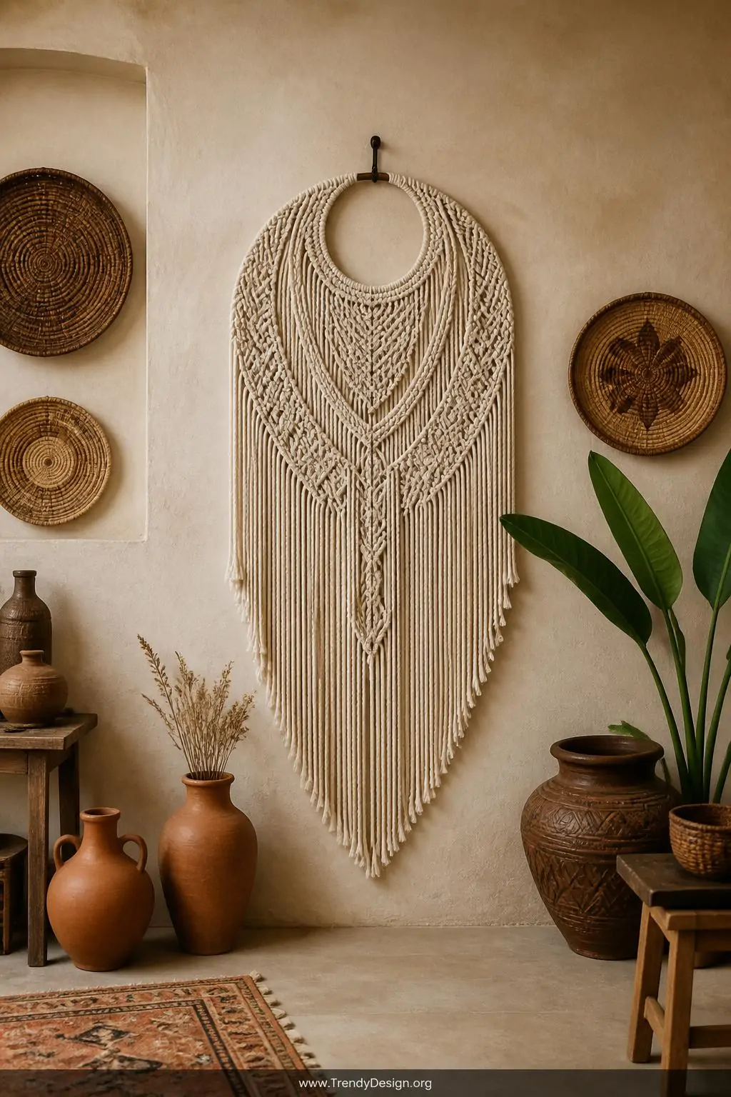 Large macramé and scattered bead statement clip in natural cream cord displayed against a textured plaster wall on a small iron hook, surrounded by woven wall art and terracotta vessels, wide shot of artisan-styled boho studio room.