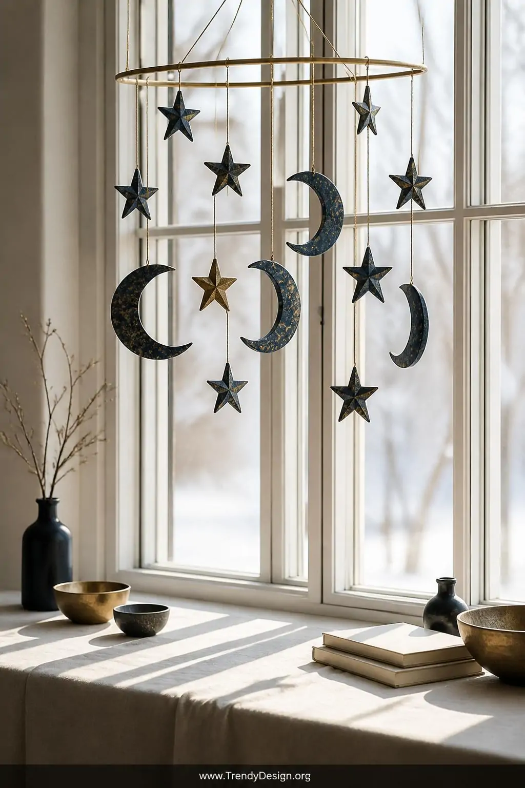 Deep navy and gold dry-brushed celestial salt dough star and crescent moon ornaments strung on a gold ribbon as a hanging mobile in a window, soft winter light casting long shadows across a linen-covered windowsill, wide shot
