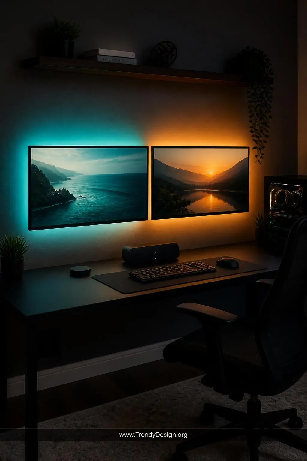 Dual monitors glowing against a dark gray wall with soft teal and warm amber LED bias light strips mounted behind each screen casting a vivid halo, home office, moody modern, deep rich light reflecting across a minimal black desk surface, wide shot.