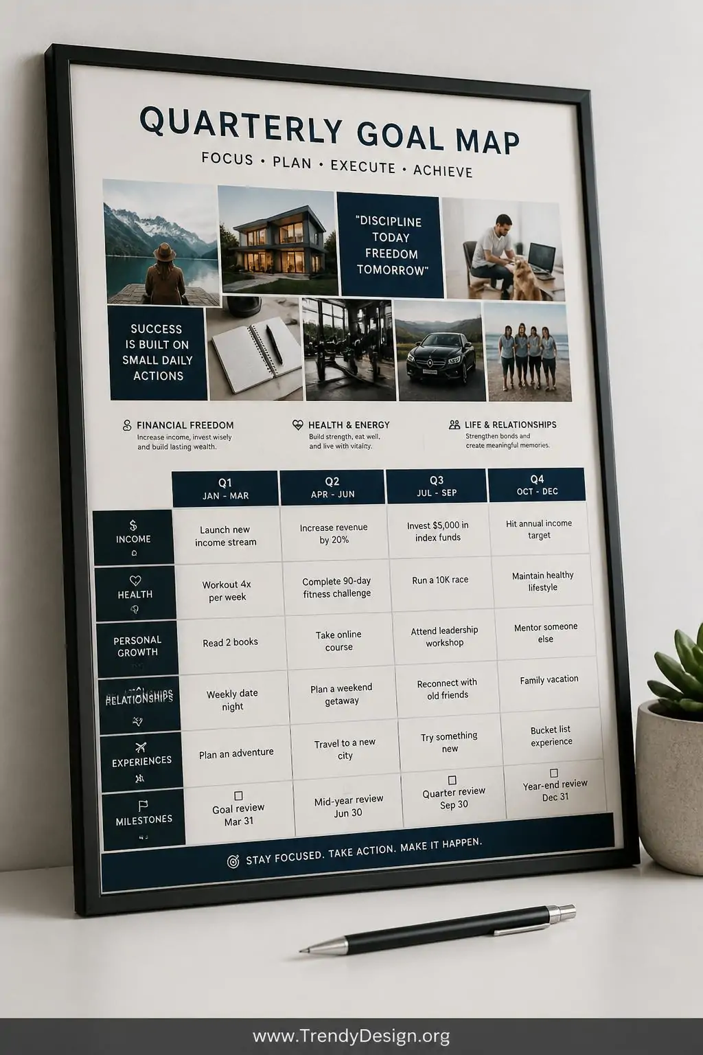 Large poster-sized quarterly goal map in a sleek black document frame resting against a white desk surface, featuring a vision collage at the top and structured milestone tracking columns below in navy and warm white typography, a mechanical pencil and small potted succulent beside it, closeup shot emphasizing the printed chart detail and clean layout, photorealistic interior design.