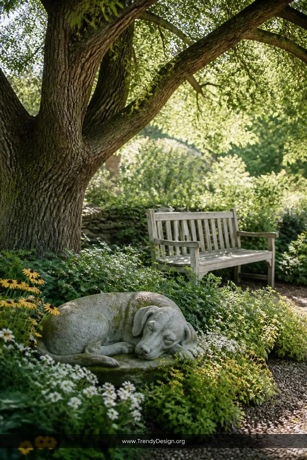 A smooth concrete dog statue rests peacefully among garden flowers in a quiet sunny corner beneath a mature oak tree, surroun