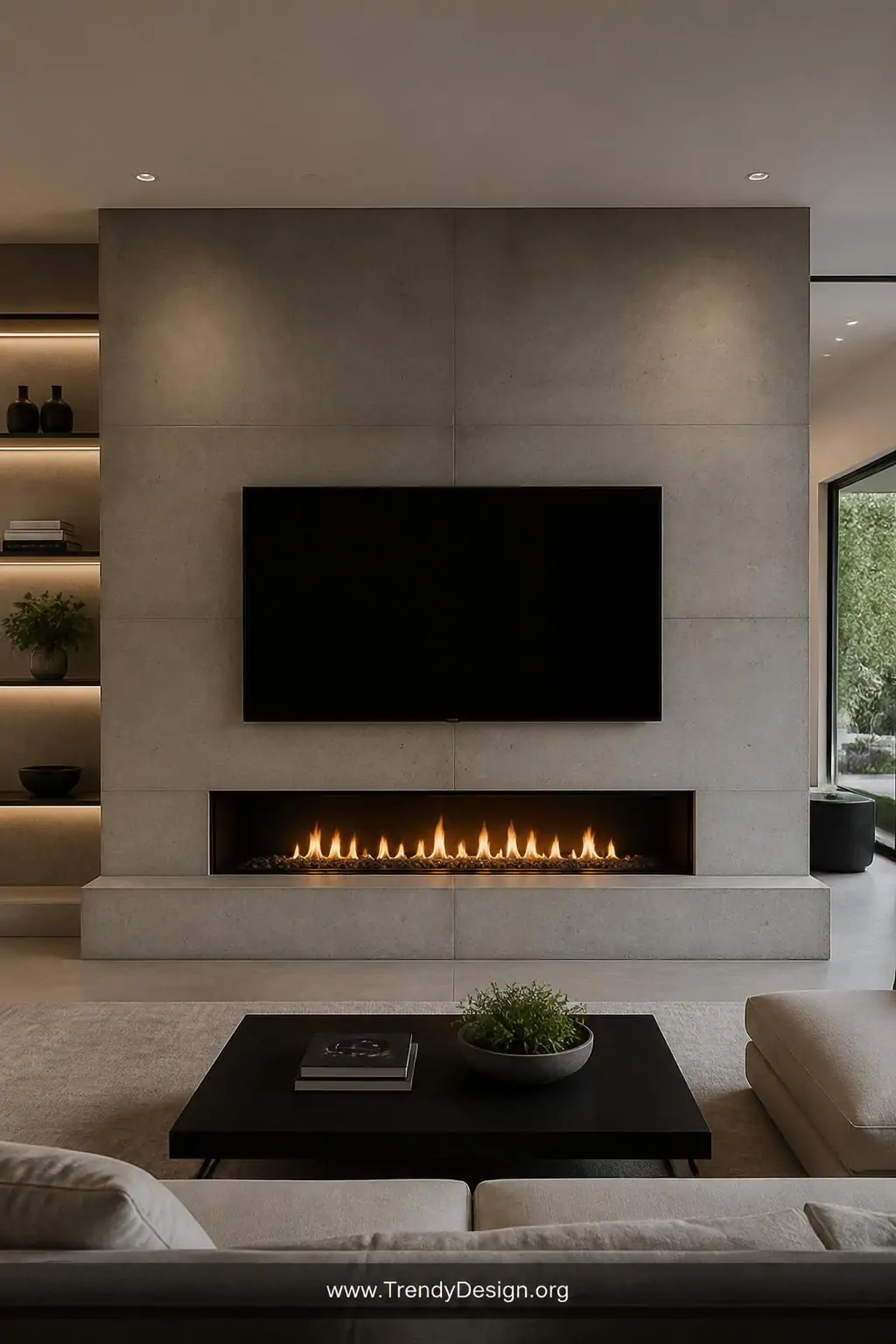 Minimalist concrete media wall fireplace integrating a horizontal linear firebox beneath a wall-mounted flat screen television in a calm modern living room, consistent light grey concrete spanning the full wall, clean symmetrical layout with zero visible cords, wide shot.