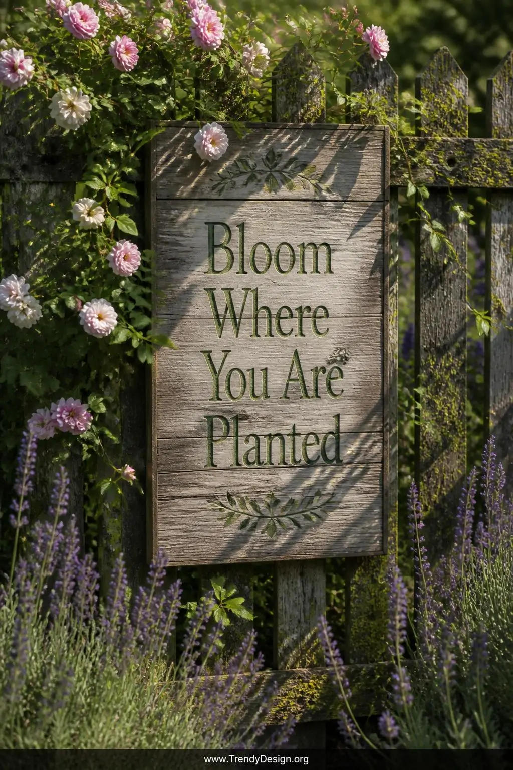 Weathered cedar garden sign reading 