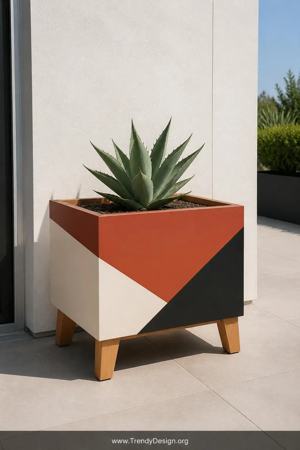 Sleek geometric modern planter box built from smooth pine with bold color-blocked exterior panels in terracotta, cream, and matte black with contrasting natural wood legs on a contemporary outdoor terrace, crisp painter-tape-perfect triangular paint lines and a single sculptural succulent planted inside, medium shot against clean white rendered wall, bright even daylight with soft shadows, photorealistic interior design.