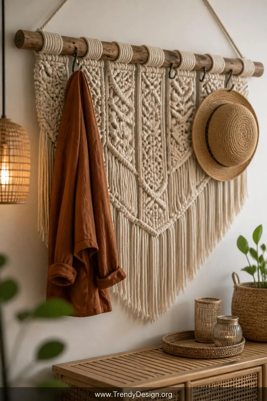 Large handcrafted macramé wall hanging with a thick natural wooden dowel and integrated iron coat hooks woven into intricate knotted rope panels in a boho entryway, cream cotton fringe cascading below, a rust-colored linen jacket and straw hat hanging from the dowel, warm rattan console table beneath, soft warm pendant light, medium closeup shot highlighting rope texture.