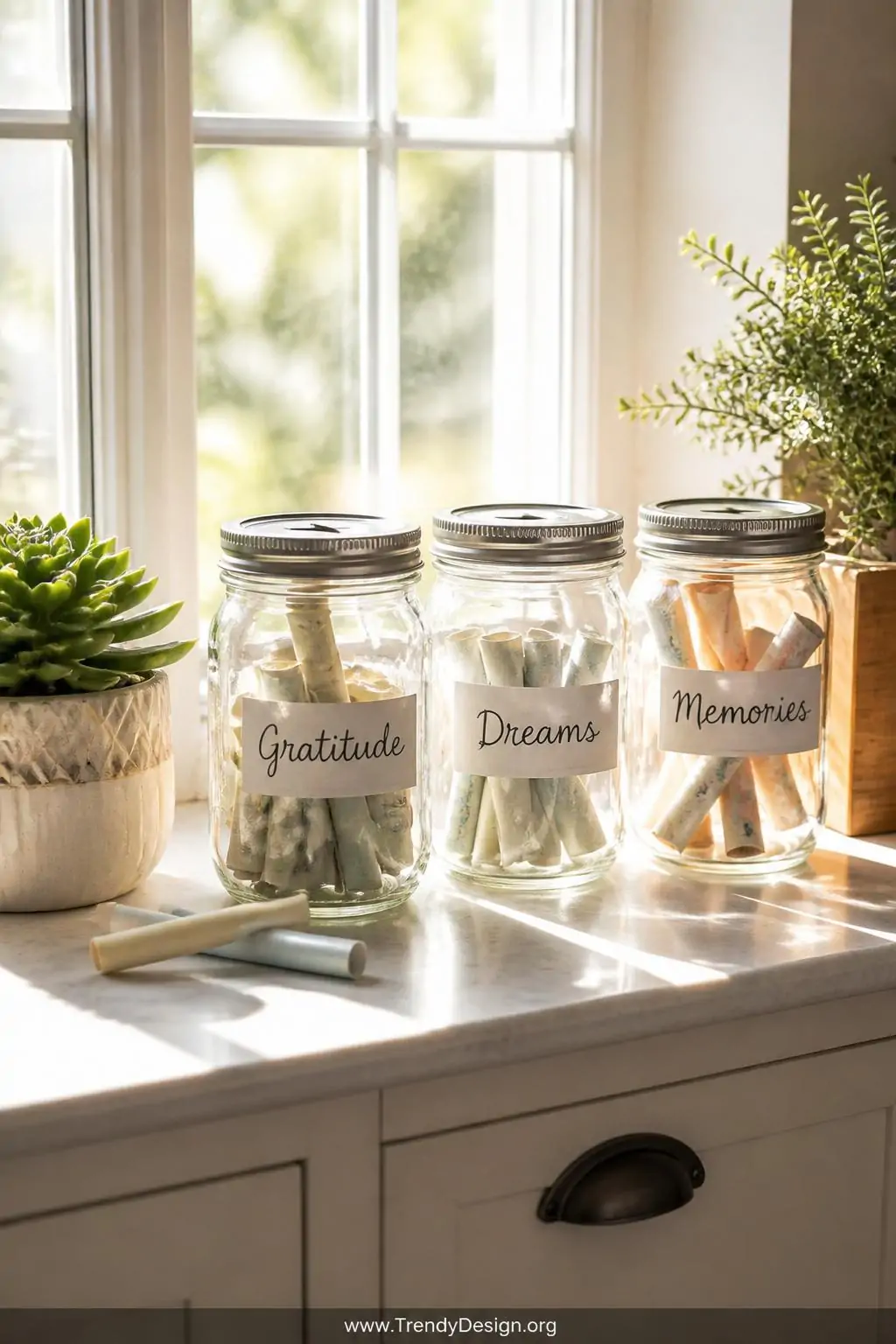 Clear glass mason jar with a slotted cardstock lid insert holding rolled paper scroll notes on a sunny kitchen windowsill beside two labeled companion jars and a small succulent, bright streaming natural daylight backlighting the glass, wide shot capturing all jars in the warm airy window display.