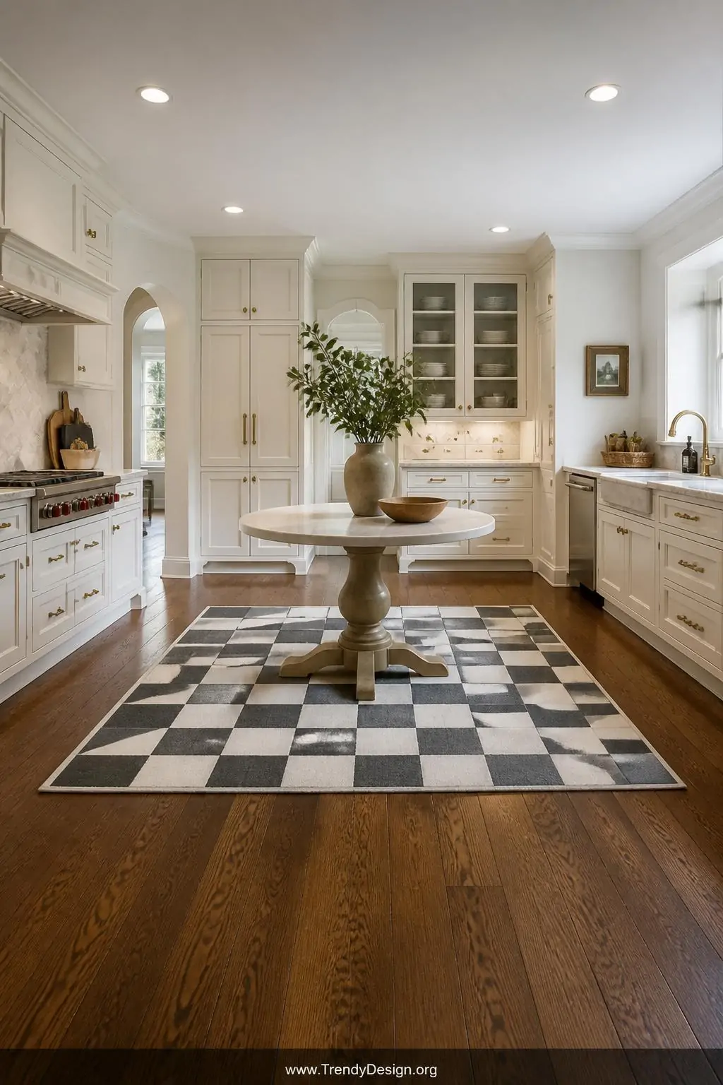 Hand-painted canvas floor cloth with crisp checkerboard pattern in charcoal and warm white lying on polished hardwood floors beneath a round pedestal table, overhead recessed lighting, wide shot of classic transitional kitchen.
