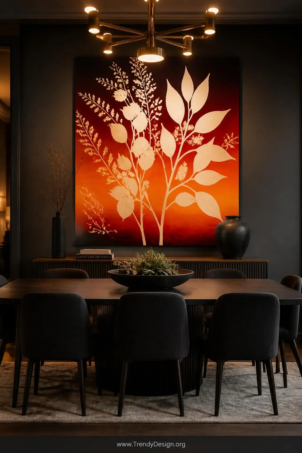 Negative space botanical silhouette painting with glowing white leaf and branch shapes against a deep sunset gradient background displayed as a large statement canvas in a moody dining room, wide shot, dimmable overhead chandelier highlighting the striking contrast between masked forms and bold painted background, photorealistic interior design, no people.