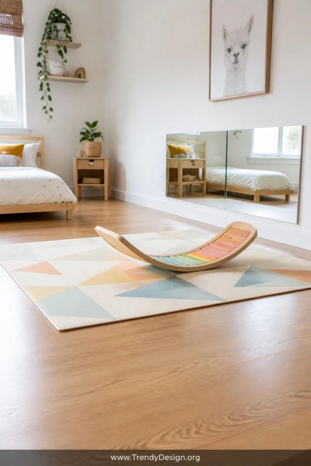 Rainbow-underside wooden balance board on a geometric washable play mat beside a low frameless mirror flush-mounted to a white wall, wide shot of a Montessori movement corner in a child's bedroom, bright airy natural light and open hardwood floor space