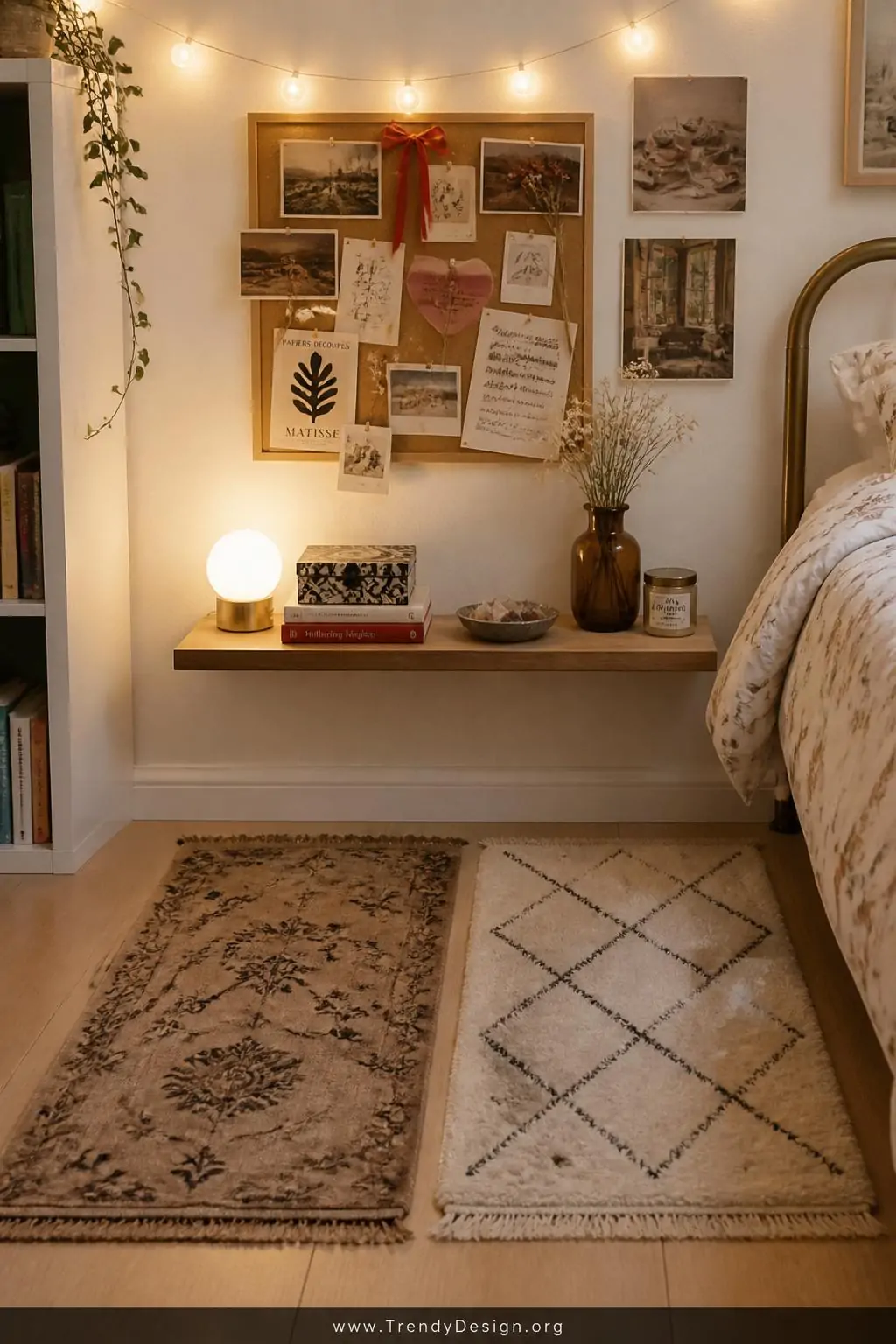 Closeup photorealistic interior design shot of a personalized bedroom corner decorated with evident creative ownership — a sm
