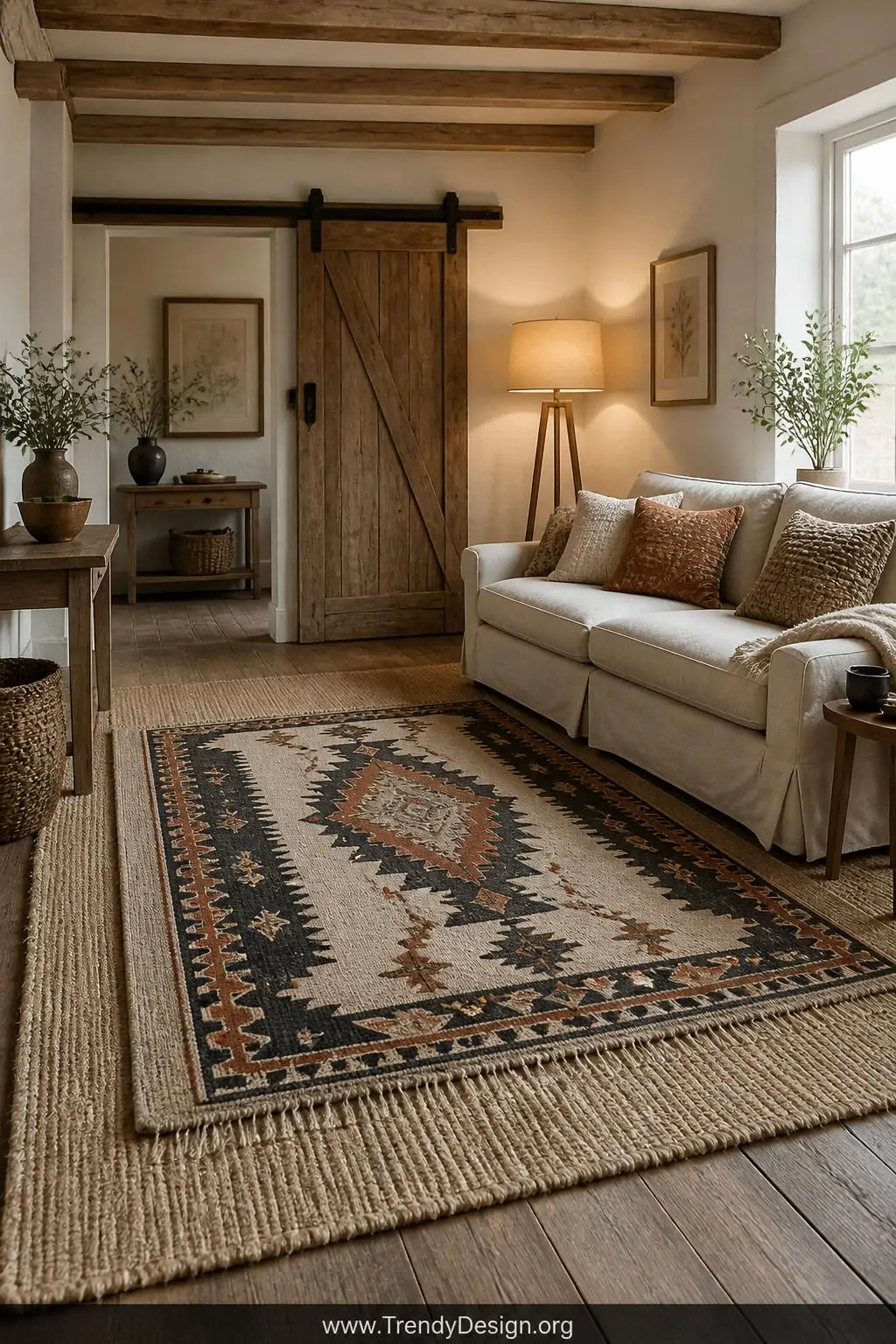 Aztec-patterned burlap accent rug in black rust and cream layered over a large neutral area rug in a farmhouse living room, raw textural burlap weave showing naturally distressed graphic print, wide shot capturing the double-rug styling with warm ambient floor lamp light