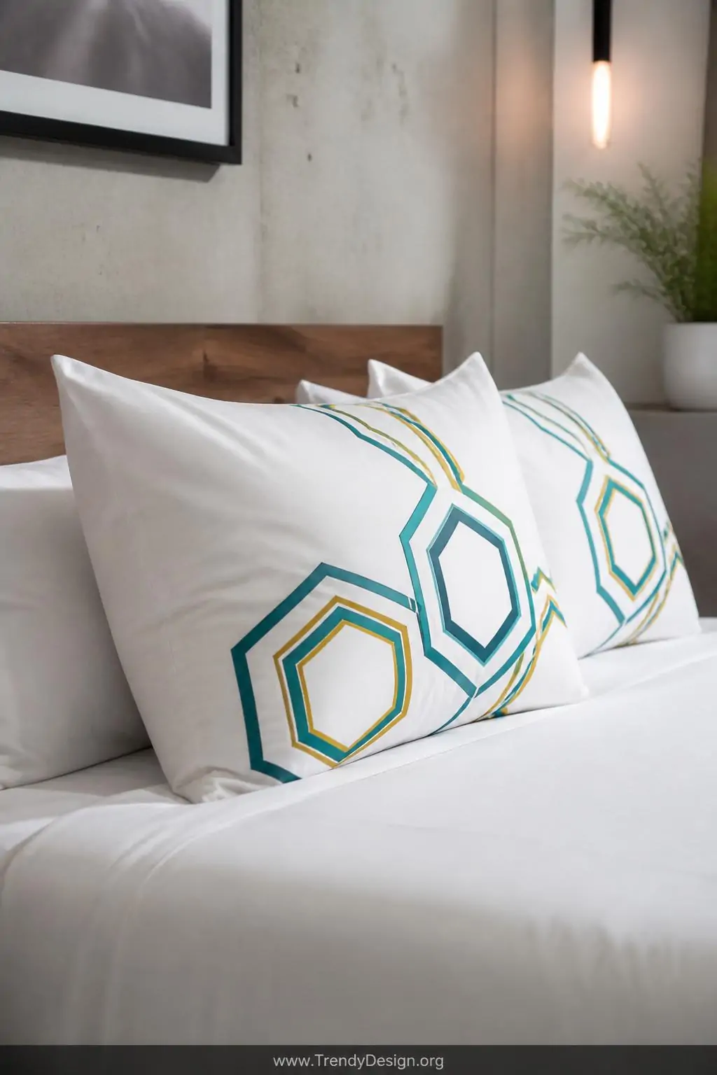 White linen pillowcases with sharp multi-layered teal and mustard geometric hexagon pattern arranged on a modern platform bed, clean diffused afternoon light, closeup showing precise vinyl alignment and crisp edges against the smooth pillowcase fabric.