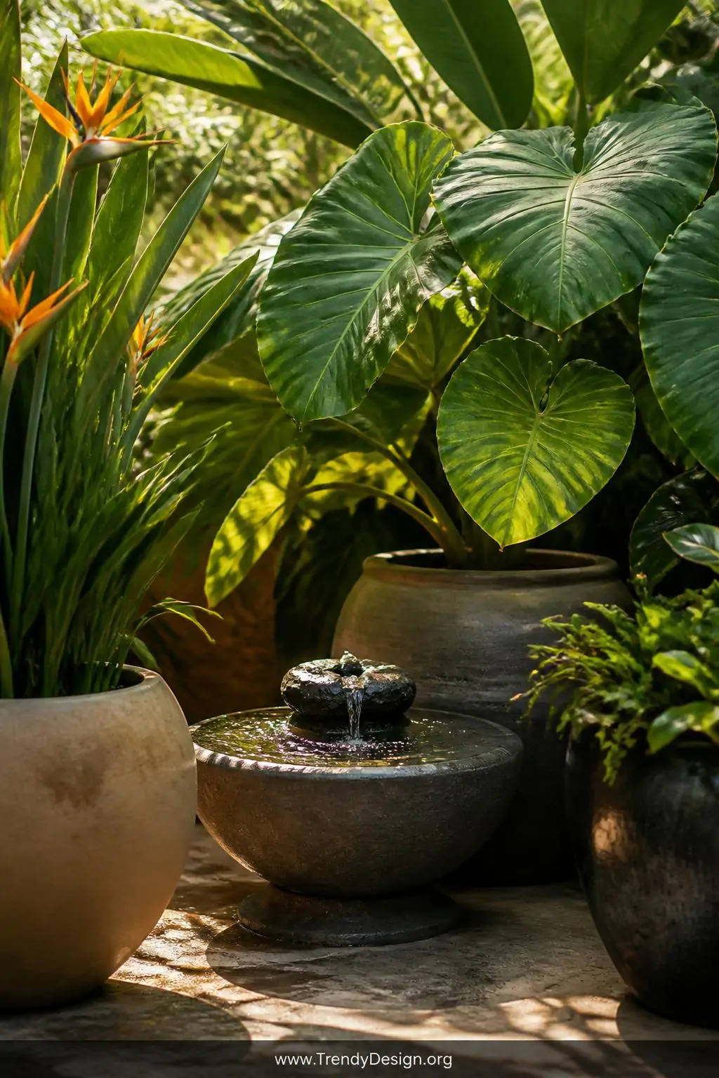 Small stone tabletop fountain gently trickling between large-leafed elephant ear and bird of paradise plants in oversized ceramic pots, wide shot, boutique garden style — dramatic deep green tropical foliage framing the softly bubbling water bowl, wet stone catching the light in silver ripples, warm ambient late afternoon sun filtering through the canopy of broad leaves, photorealistic interior design.