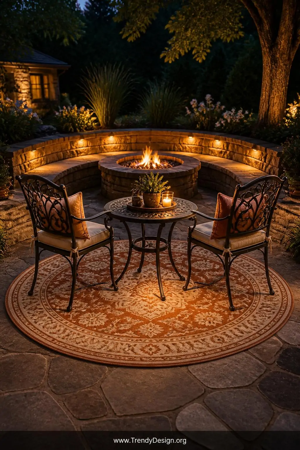 Round outdoor rug in warm terracotta and cream tones beneath a circular bistro table with two curved iron chairs, medium shot, surrounding a cozy fire pit zone on a stone patio, evening light glowing outward from the center, the circular shape drawing the eye inward to create intimate enclosure.