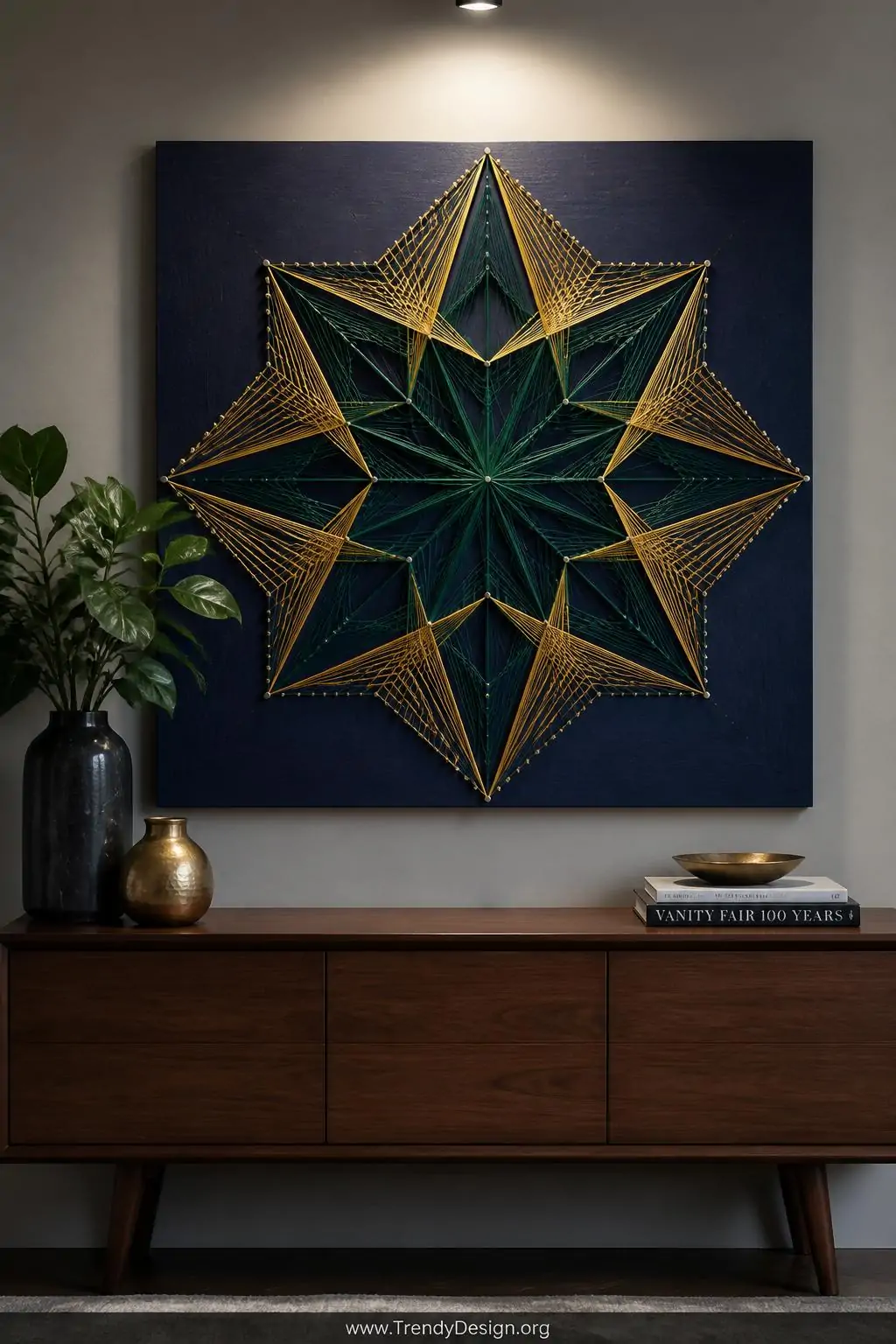 Geometric string art panel mounted above a dark walnut console table, modern living room, navy-painted wooden board with hammered nails forming a large star pattern laced with metallic gold and deep emerald embroidery floss creating layered optical depth, dramatic directional spotlight, medium shot.