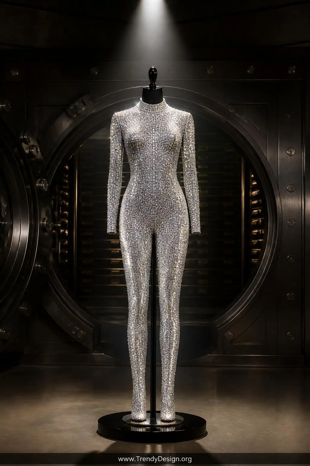 Full-body ombre rhinestone unitard stretched across a full-length black display form, dramatic stage costume vault room, wide shot with a single overhead theatrical spotlight igniting the entire encrusted surface into a blinding constellation of cascading silver and white light.
