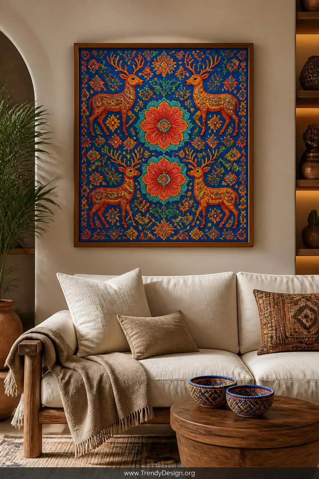Framed Huichol yarn painting packed with symmetrical deer and peyote flower motifs in electric blue, coral, and gold hanging centered above a cream linen sofa, two small beaded Huichol bowls displayed on the side table below, soft warm gallery lighting, medium shot of a curated bohemian living room.