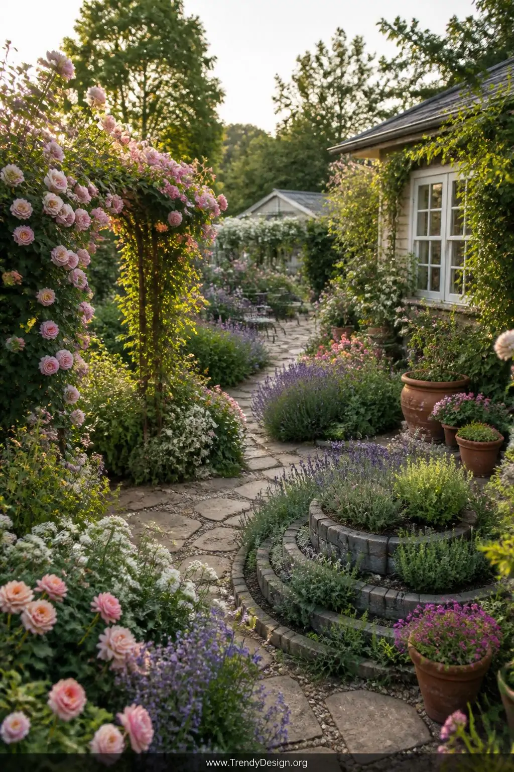 Lush layered cottage garden vignette showing rose arch, wildflower drifts, lavender paths, terracotta pots and herb spiral all visible together in one abundantly blooming, romantically untamed backyard, soft late afternoon light, wide establishing shot, photorealistic garden photography.