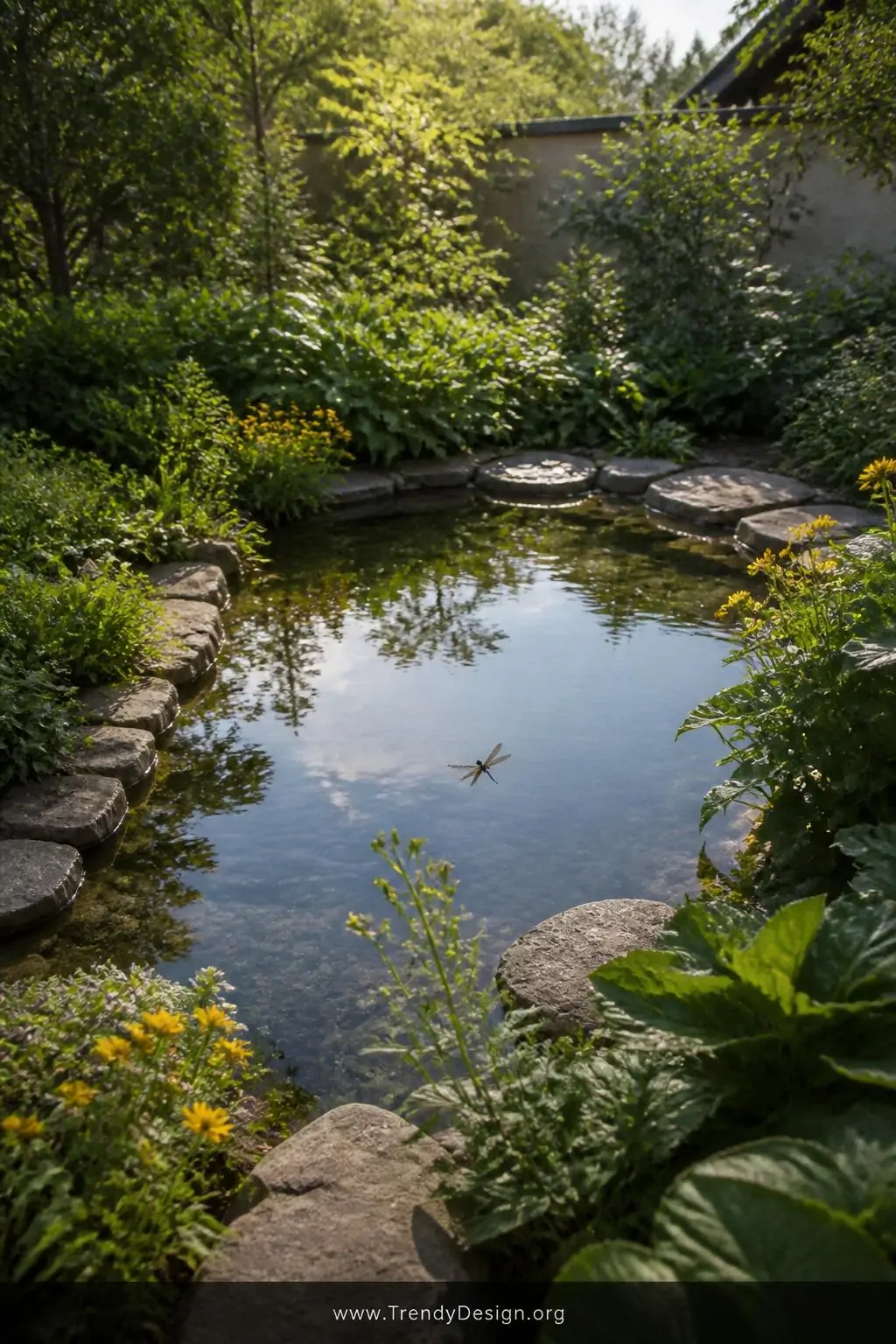 Small naturalistic garden pond with gently sloping stone edges, clear still water reflecting a pale blue sky, bordered by bright yellow marsh marigolds and lush water mint, dragonfly hovering above the glassy surface, wide shot showing the pond nestled into a lush green garden corner in soft afternoon light, photorealistic garden photography.