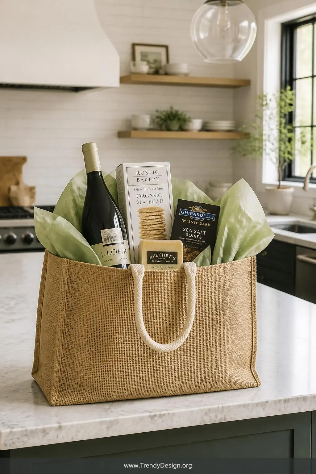Large natural jute tote bag filled with a wine bottle, artisan crackers, dark chocolate, and a small cheese wedge arranged with sage green tissue paper on a kitchen countertop, bright natural light, wide shot.