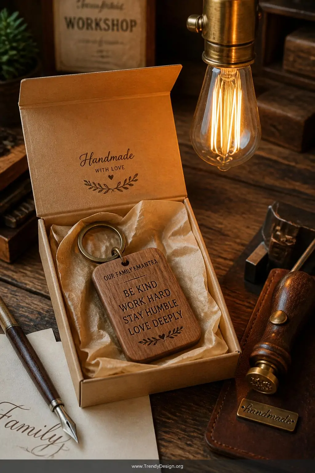 Hand-stamped warm walnut wood keychain engraved with a custom family mantra displayed inside an open kraft gift box with tissue paper beside a calligraphy pen and leather stamp tools on a rustic farmhouse workbench, warm Edison bulb glow overhead, artisan workshop setting, closeup.