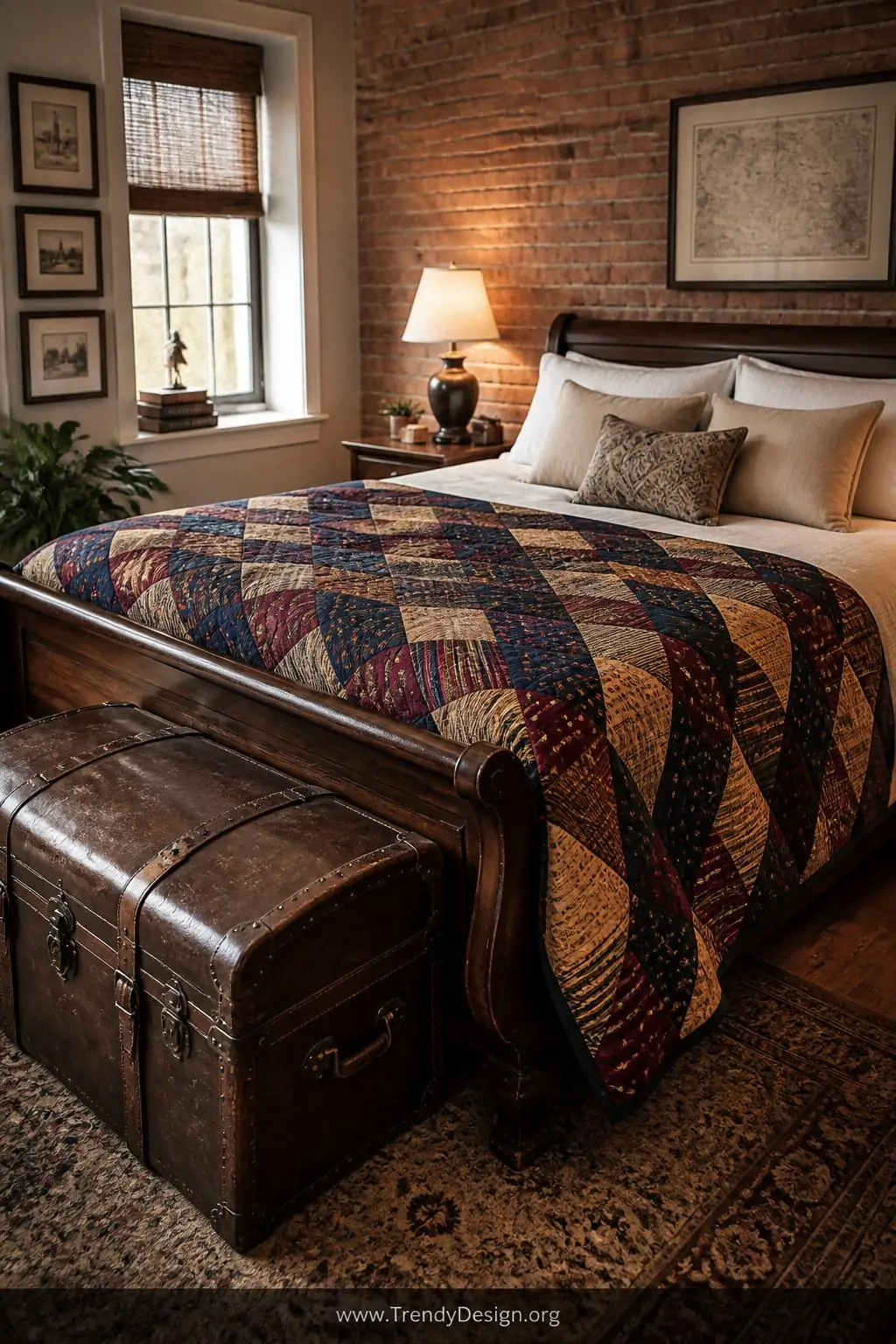 Diagonal-patterned necktie quilt in rich jewel tones of navy, burgundy, and gold draped over a dark wood sleigh bed, soft warm bedroom lamp light, wide shot of a cozy heritage-style bedroom with exposed brick wall and aged leather trunk at the foot.