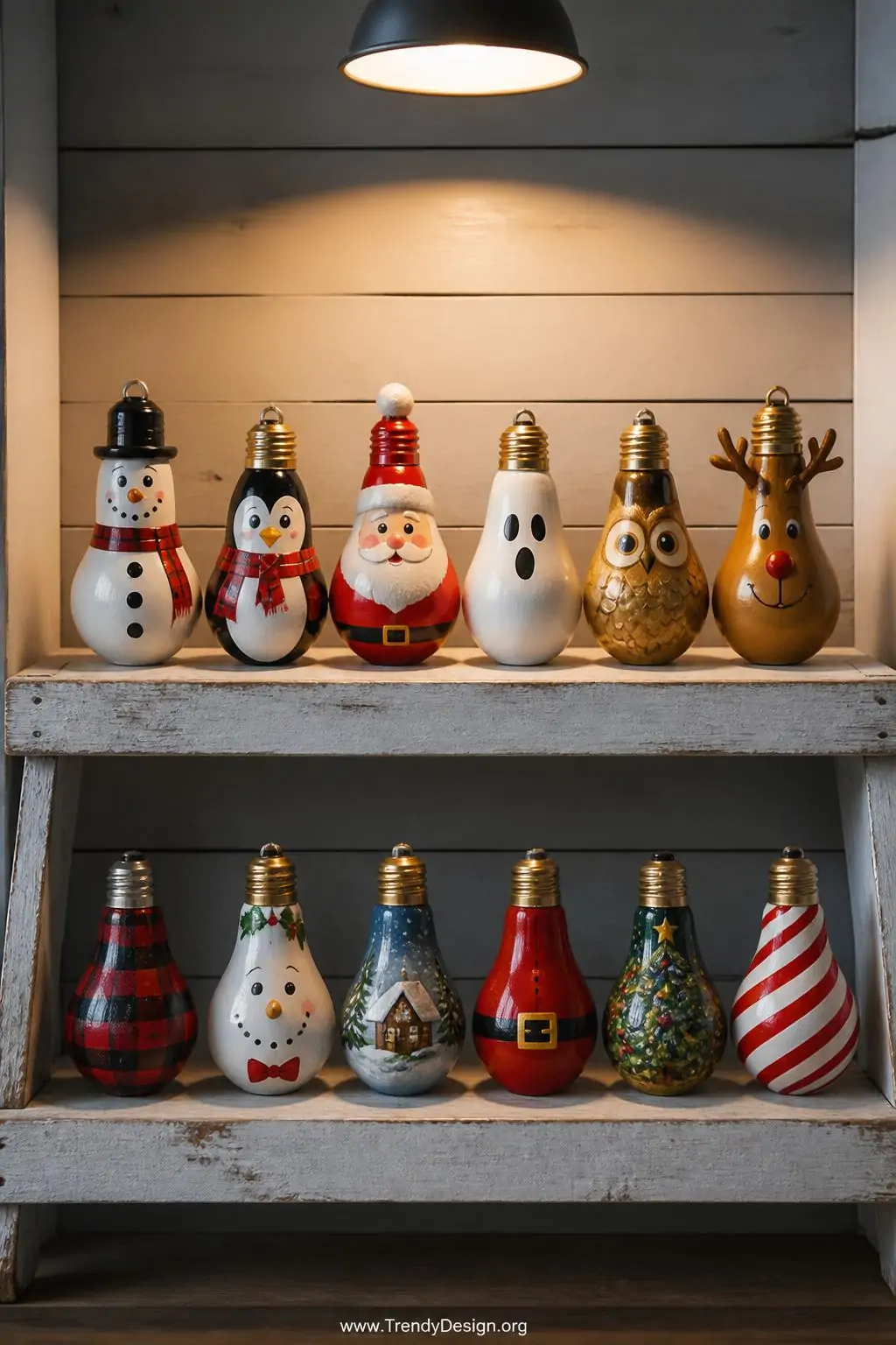 Collection of hand-painted light bulb figurines including a red Santa, white ghost, and golden owl arranged on a rustic whitewashed wooden display shelf, fine acrylic detail work shimmering under a warm overhead spotlight against a soft grey shiplap wall, medium shot.