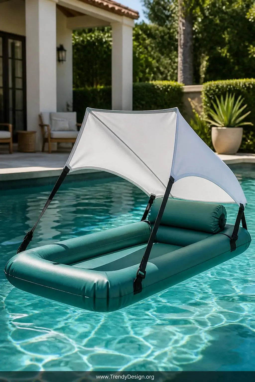 Inflatable pool shade canopy float in crisp white UPF fabric mounted above a teal lounge float, sun-drenched backyard pool, practical luxury style, adjustable straps securing the UV-blocking canopy at a precise angle while bright midday light filters softly through the protective material, medium shot