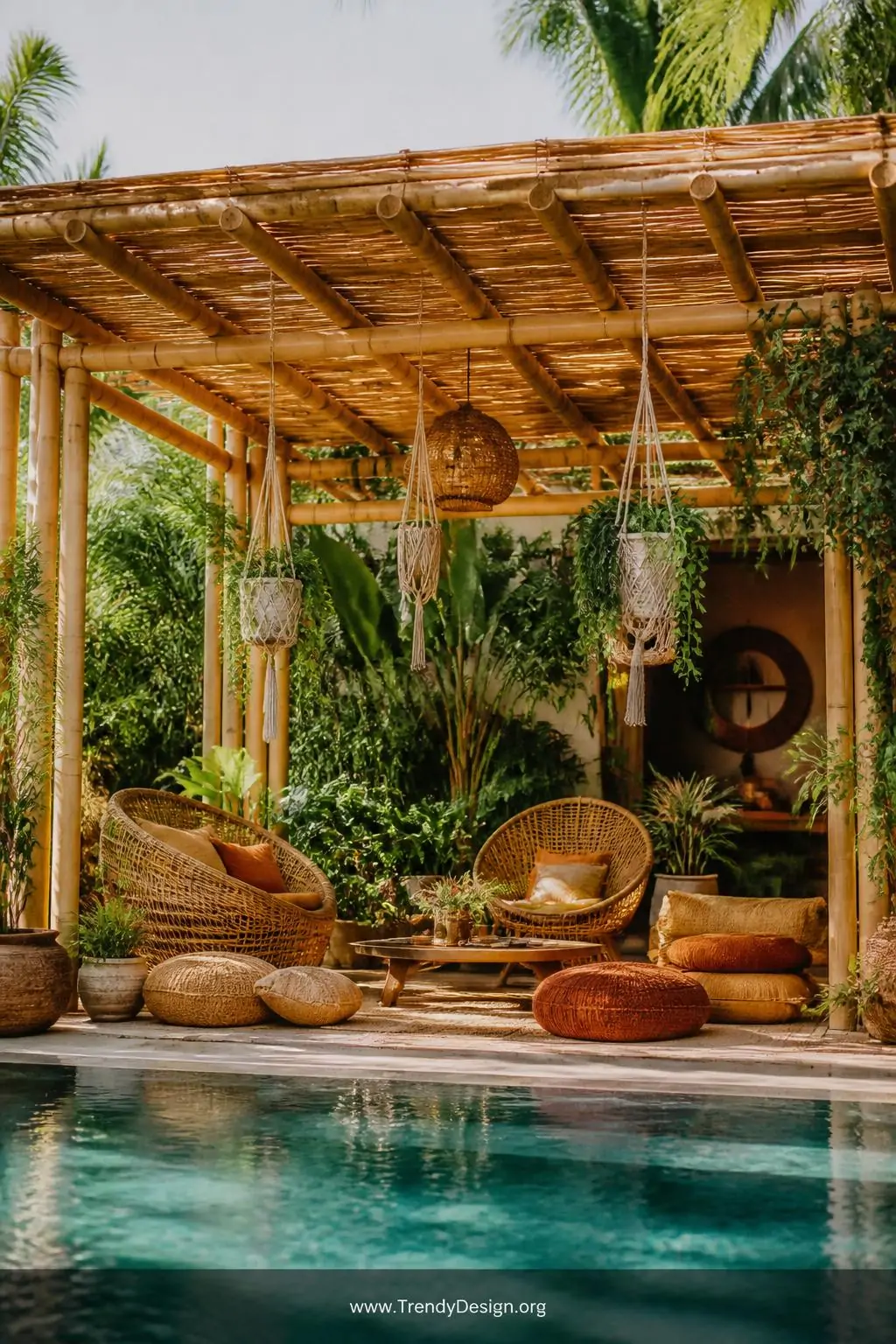 Bamboo pergola with natural golden cane framing over a tropical poolside retreat, oversized rattan chairs and woven floor cushions in rust and ochre beneath, hanging macramé planters spilling with tropical foliage, organic textures layering bamboo, rattan, and lush greenery together, wide shot showing the full lush scene against a calm turquoise pool.