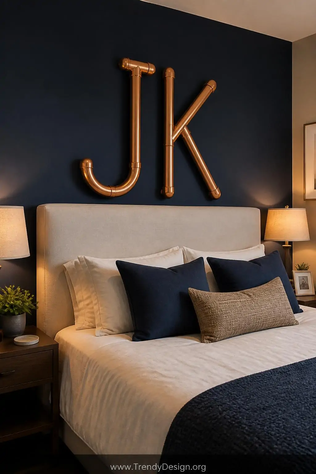 Large copper pipe monogram letters mounted above a linen upholstered headboard in a minimalist master bedroom, polished pipe curves catching warm bedside lamp glow against a deep navy accent wall, medium shot.