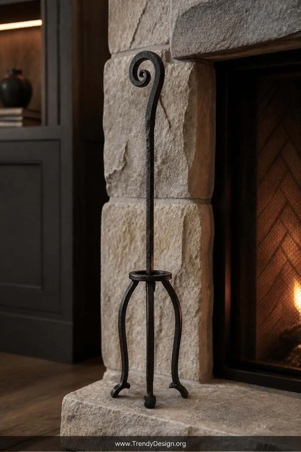 Hand-forged iron fireplace poker with a scrolled decorative handle standing in a matching dark metal stand beside a stone fireplace hearth, deep charcoal and amber tones glowing against rough-hewn limestone in a moody, elevated living room, closeup shot.