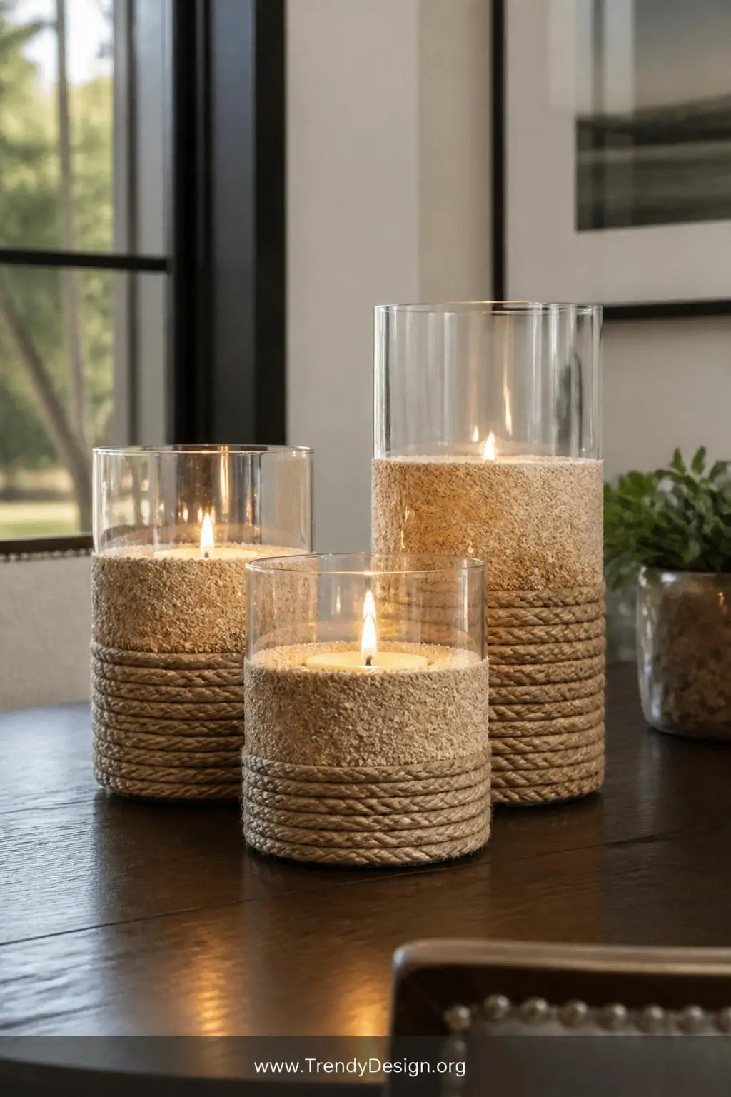 Three glass cylinder votive holders on a dark walnut dining table, each wrapped with natural rope on the lower half and coarse sand coating the upper half, flickering warm candlelight glowing through the glass, closeup