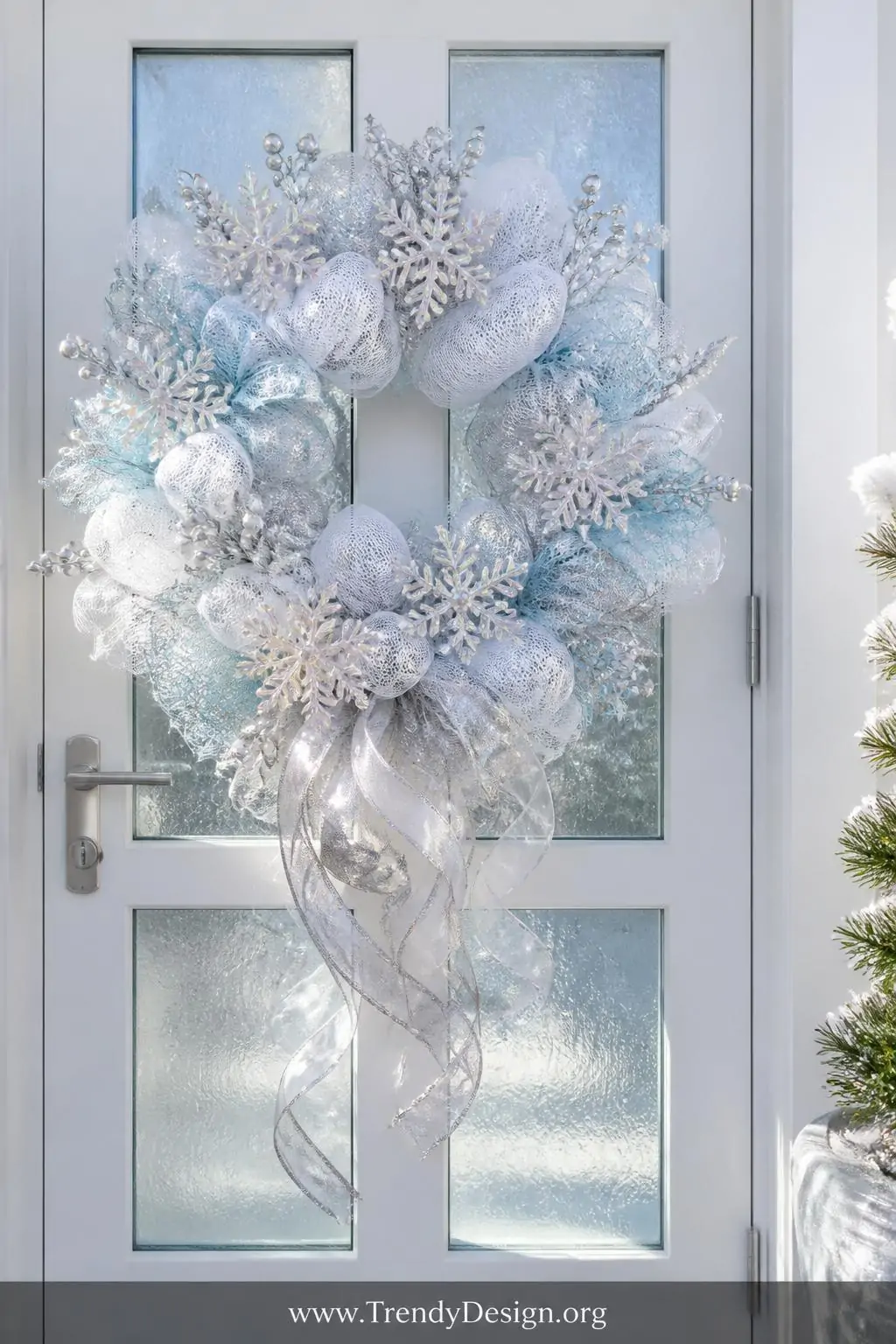 White, silver, and icy blue deco mesh wreath adorned with iridescent crystal snowflake picks, silver berry sprays, and flowing silver ribbon streamers mounted on a frosted glass panel door, bright crisp winter daylight with sparkling light reflections, wide shot.
