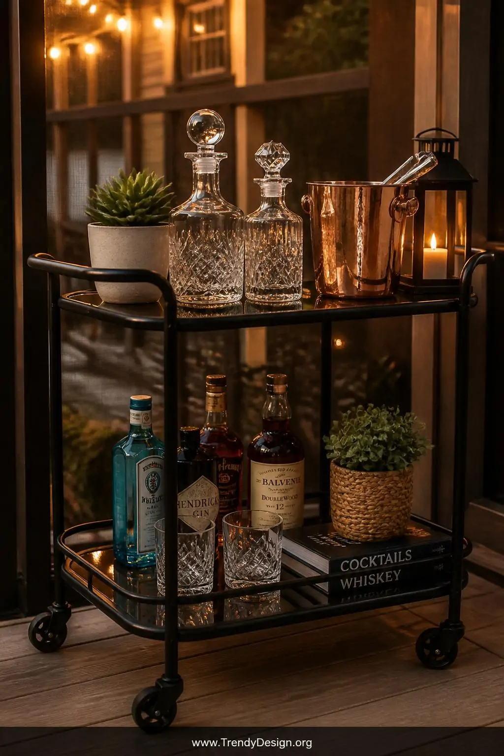 Powder-coated black metal rolling bar cart styled with glass decanters, a small potted succulent, copper ice bucket, and a flickering lantern on a screened porch, warm evening string light glow reflecting off glassware, closeup styled vignette shot.