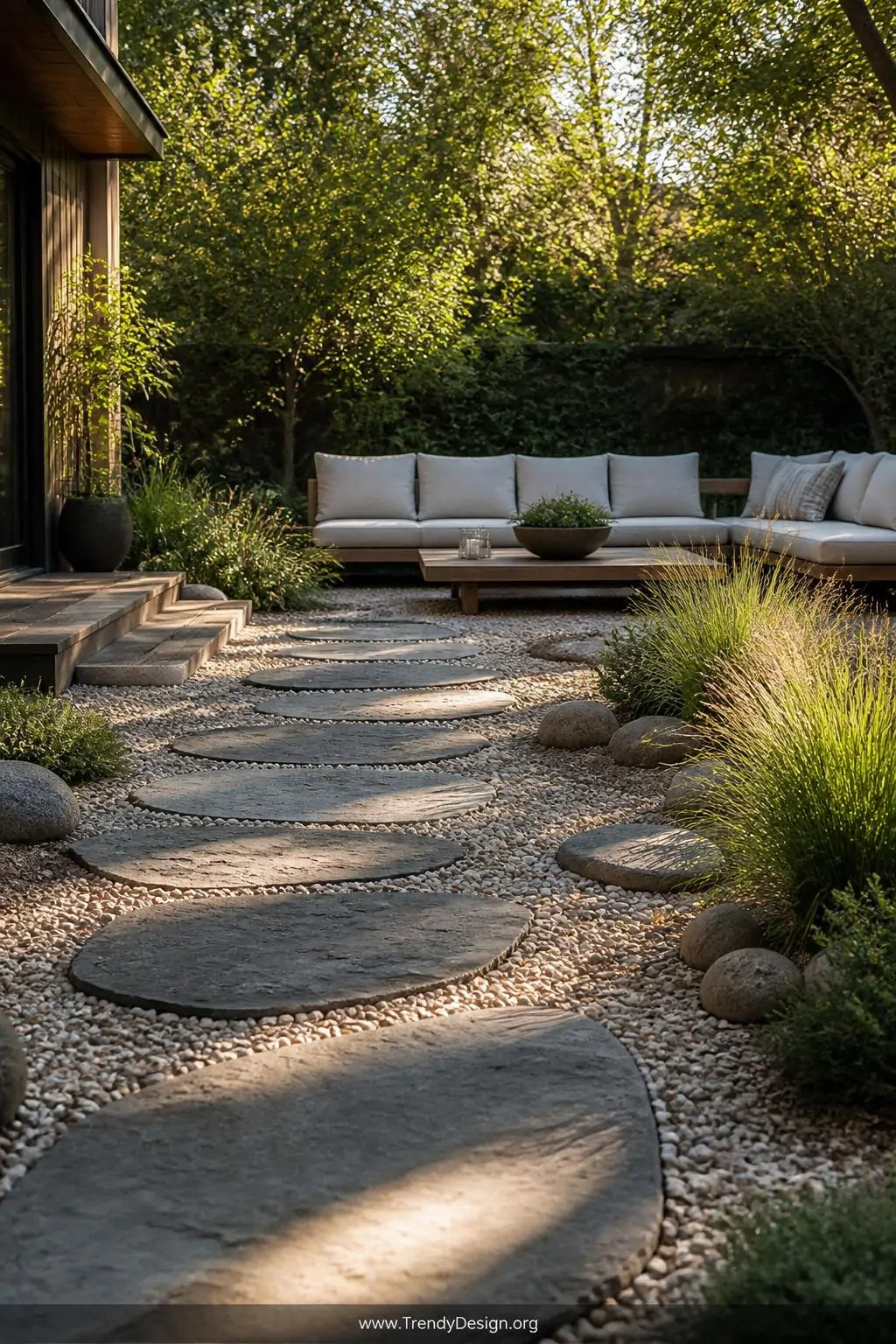 Large irregular slate stepping stone pavers set into fine pale pea gravel on a relaxed ground-floor garden terrace, organic natural arrangement, smooth river stone accents, soft ornamental grasses bordering the edges, late afternoon dappled light filtering through surrounding trees, wide shot, photorealistic interior design.