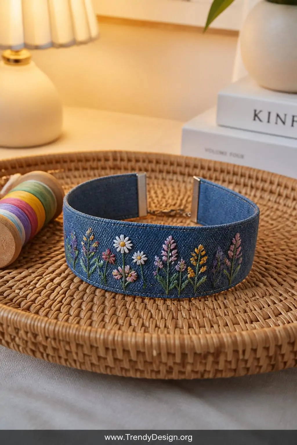 Denim fabric choker with hand-embroidered tiny wildflowers in satin stitch on a woven rattan tray beside a spool of colorful thread, soft warm lamp light, medium shot showing the detailed needlework and folded pressed fabric edges