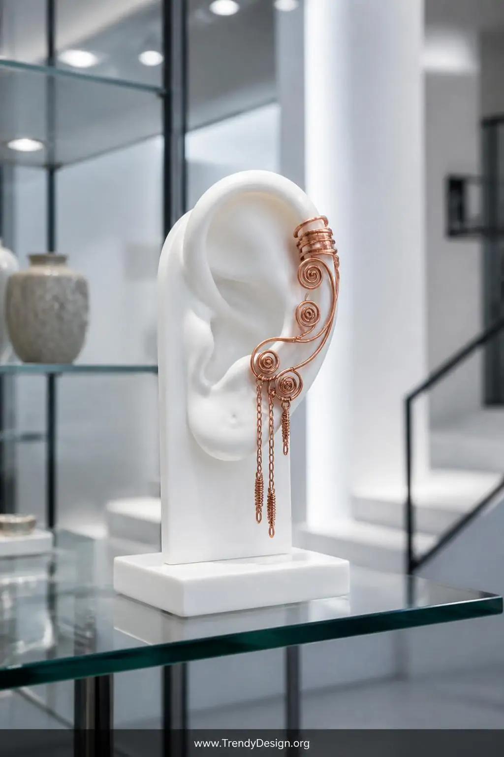 Sculptural copper wire ear cuff with spiral accents and dangling chain elements displayed on a minimalist white ceramic ear sculpture on a glass shelf, bright cool studio lighting, rich warm copper contrast, medium shot