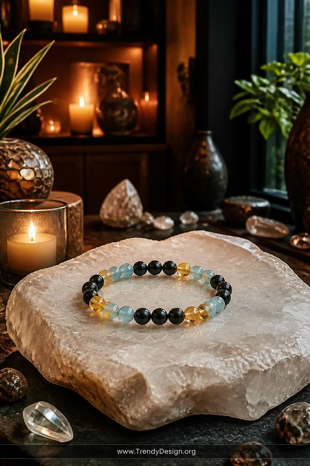 Healing crystal intention bracelet combining matte black tourmaline, golden citrine, and pale aquamarine rounds arranged in a meditative circle on a raw white quartz crystal slab, moody wellness studio setting, wide shot with soft diffused candlelight casting a warm amber glow across the stones.