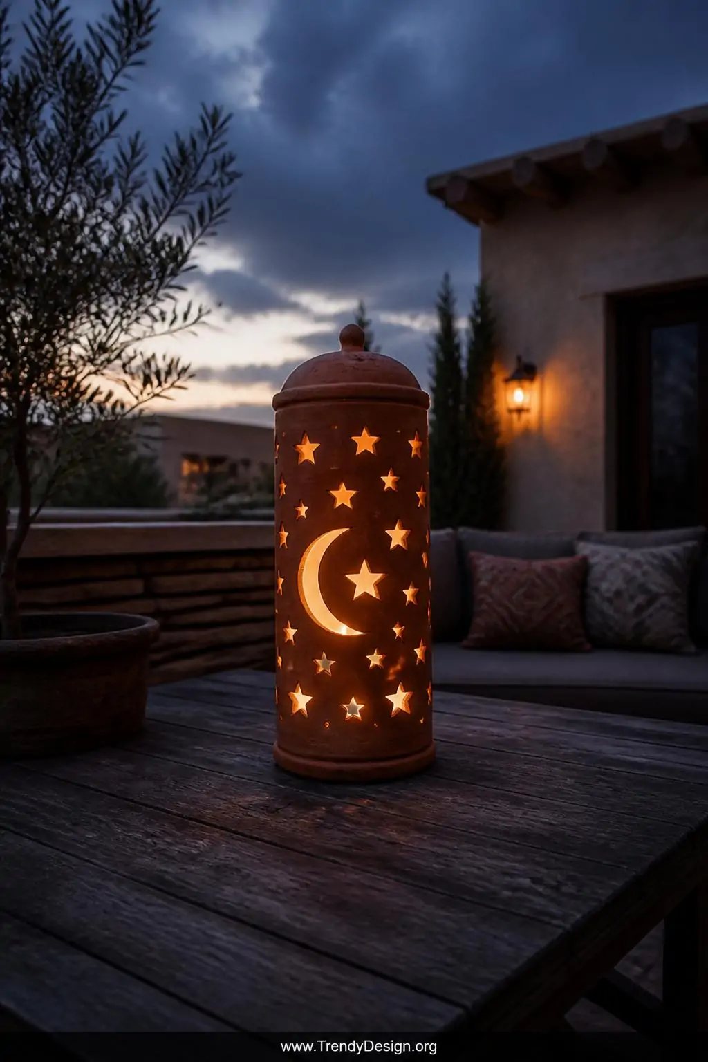 Tall cylindrical clay lantern with cutout crescent moon and star geometric windows glowing amber from an interior tea light on a dark weathered patio table at dusk, dramatic moody low light, wide shot