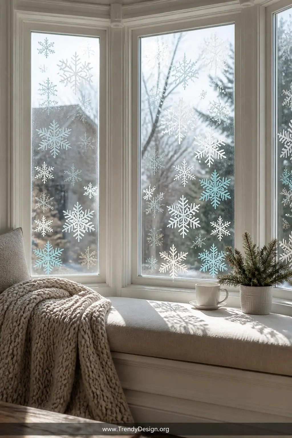 Medium shot of a cozy living room bay window decorated with a collection of white and ice blue frosted vinyl snowflake decals